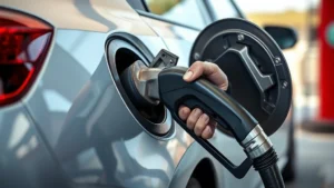Close-up photorealistic image of a mechanic's hands tightening a fuel cap on a silver sedan, showing proper hand positioning and cap threading, outdoor gas station setting with natural lighting, shallow depth of field focusing on the fuel door area