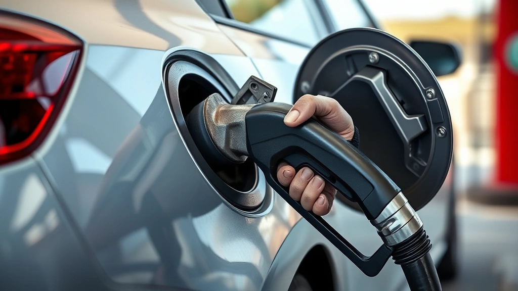 Close-up photorealistic image of a mechanic's hands tightening a fuel cap on a silver sedan, showing proper hand positioning and cap threading, outdoor gas station setting with natural lighting, shallow depth of field focusing on the fuel door area