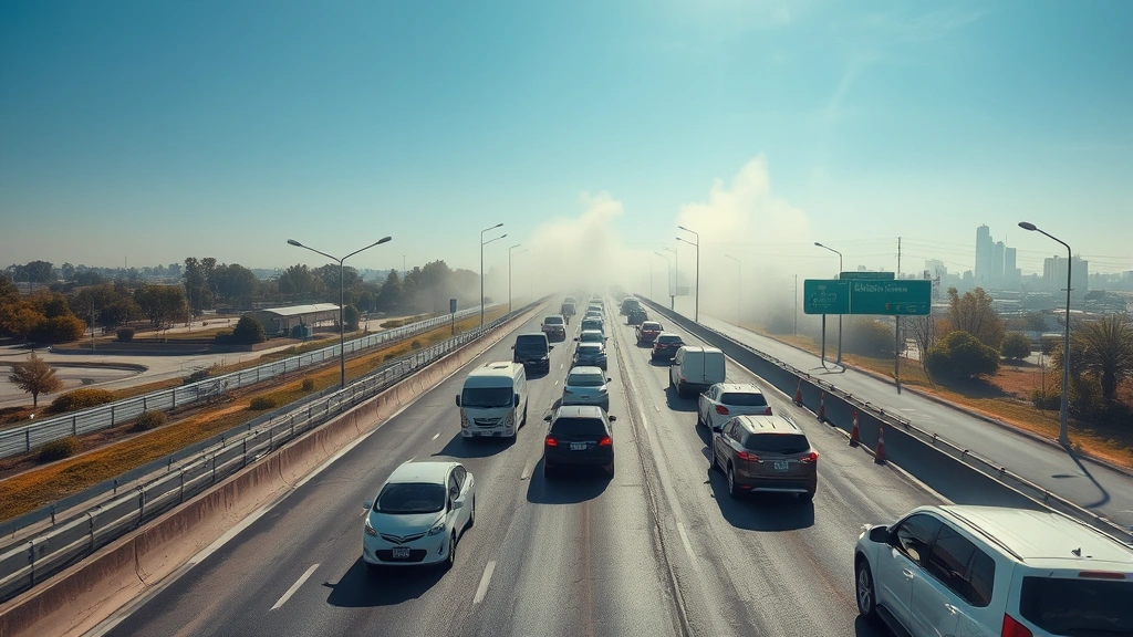 Photorealistic aerial view of traffic on a highway during daytime, multiple vehicles with visible exhaust, clear blue sky with some haze indicating air pollution, emphasizing vehicle emissions and air quality concerns