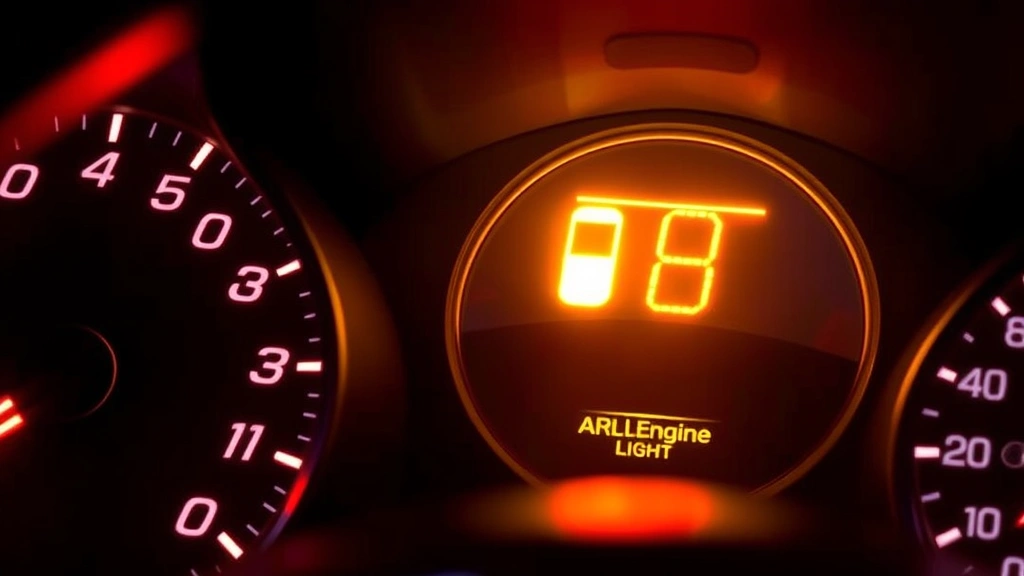 Photorealistic image of a car dashboard with illuminated check engine light visible on instrument cluster, showing warning light indicator, interior vehicle lighting, close-up detail of dashboard display