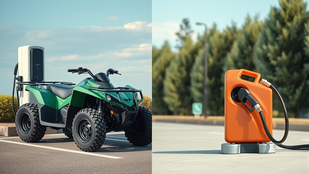 Comparison split-screen showing electric ATV charging station on left side and gas can fueling on right side, environmental contrast, clean modern aesthetic