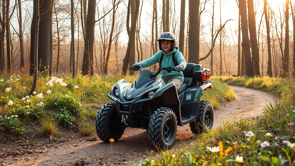 Young rider on electric ATV on forest trail with wildflowers blooming, zero-emission vehicle in natural habitat, peaceful outdoor recreation scene