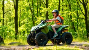 Child riding electric ATV on sunny forest trail, green trees background, zero-emission vehicle, happy young rider in safety gear, natural outdoor setting, photorealistic