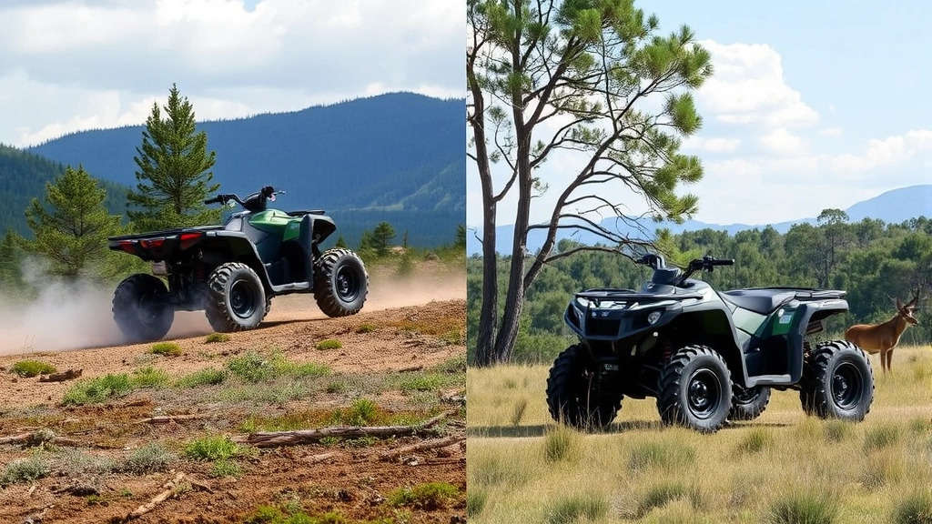 Comparison split-screen: left side shows gas ATV with visible emissions in natural area, right side shows electric ATV operating silently in same landscape, wildlife visible, conservation focus