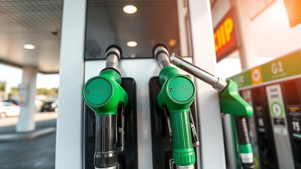 Overhead view of colorful fuel pump nozzles at a modern gas station, showing black diesel and green gasoline nozzles clearly separated with bright daylight illuminating the pumps and signage, photorealistic clarity showing fuel pump details