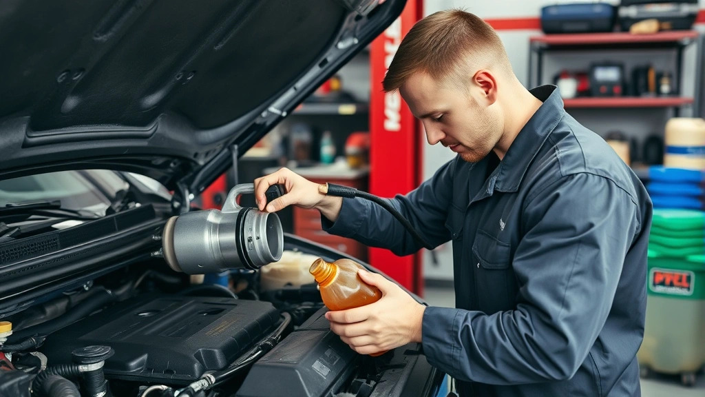 Mechanic performing fuel system inspection on a vehicle engine bay, draining contaminated fuel from a fuel tank with specialized equipment, showing professional repair shop environment with diagnostic tools and fuel disposal containers