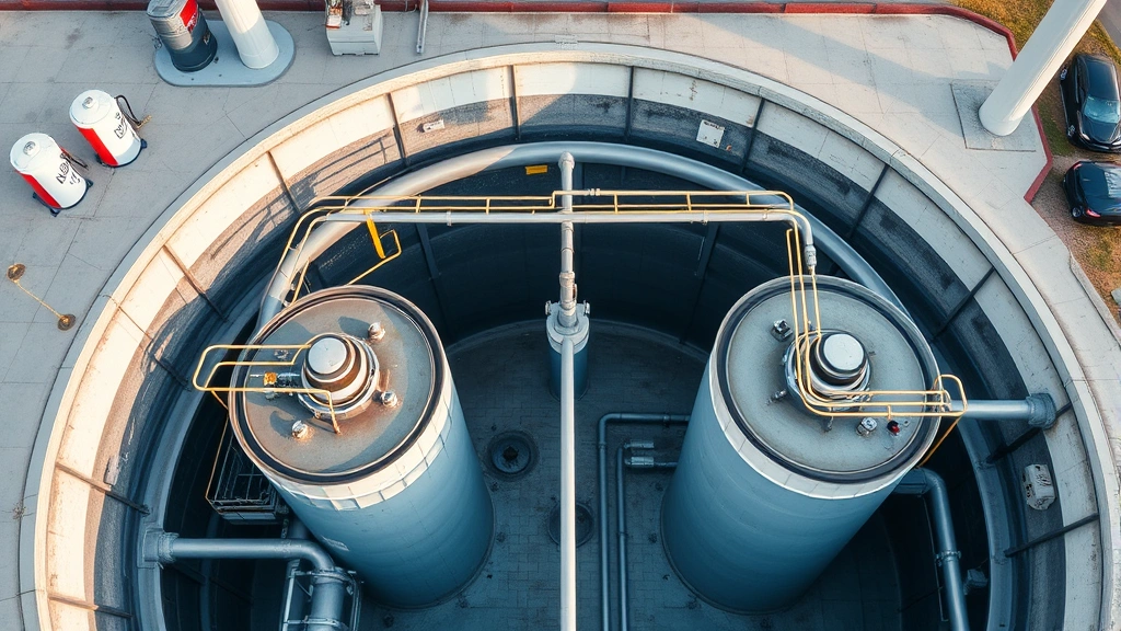 Aerial view of an underground fuel storage tank facility with separate compartments for different fuel types, showing industrial pipe connections and monitoring systems in a contemporary gas station infrastructure setting