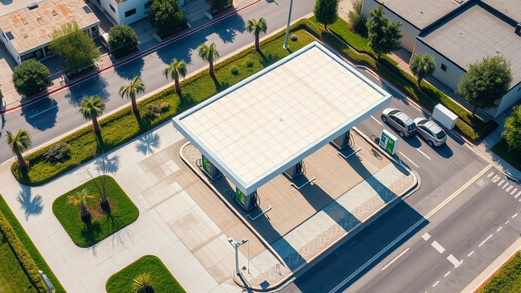 Aerial view of modern gas station with multiple fuel pumps, green landscaping, and electric vehicle charging stations integrated into the property, bright daylight