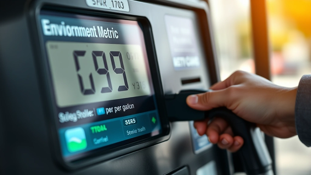 Close-up of fuel pump display screen showing price per gallon and environmental metrics, with customer's hand inserting payment card, realistic lighting