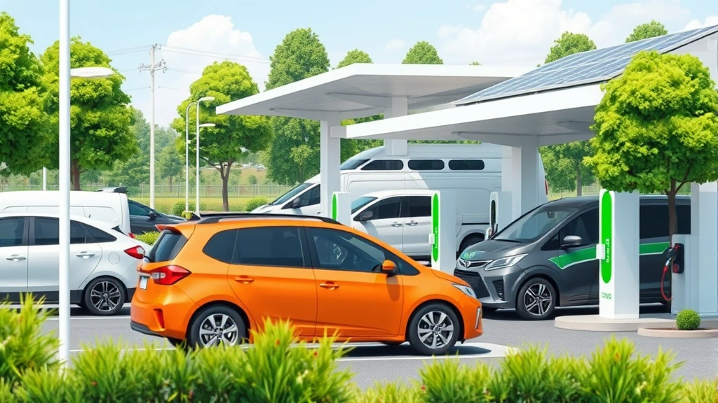 Sustainable transportation scene showing mix of traditional vehicles refueling alongside electric vehicles charging at modern station, trees and solar panels visible, eco-conscious design