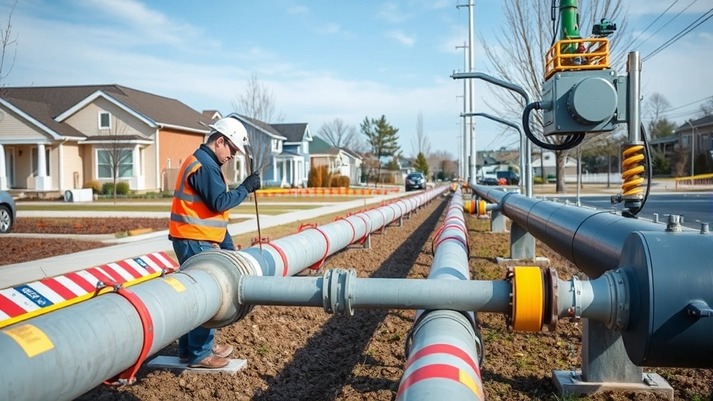 Modern natural gas infrastructure pipeline system in suburban neighborhood with safety markings and maintenance equipment, showing technician performing routine inspection of distribution lines