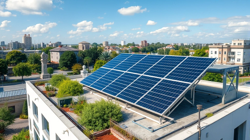 Solar panel array installation on commercial building rooftop with green vegetation and blue sky, demonstrating renewable energy integration in urban residential area