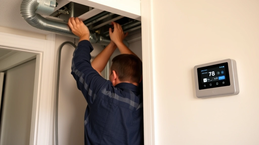Energy efficiency upgrade scene showing HVAC technician installing high-efficiency heating system in residential home interior with modern smart thermostat visible on wall