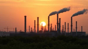Industrial refinery facility with tall distillation columns at sunset, steam rising, surrounding landscape with green vegetation, professional photorealistic imagery, no text or signage