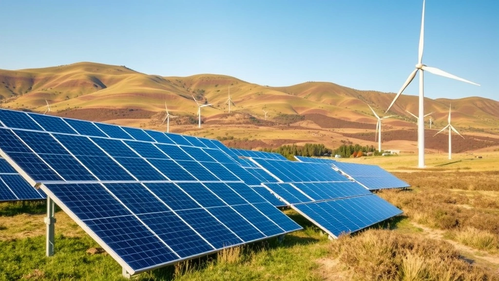 Renewable energy transition concept showing solar panels and wind turbines in natural landscape with rolling hills, clear sky, photorealistic quality, no labels or text