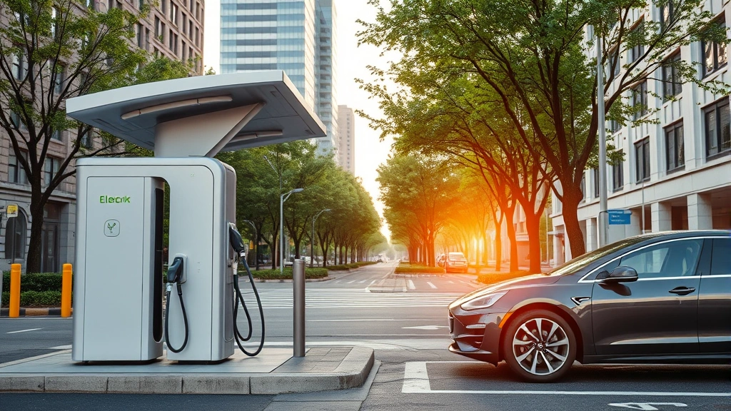 Modern electric vehicle charging station in urban setting with city buildings, trees, and natural lighting, sustainable transportation infrastructure, photorealistic style without text elements