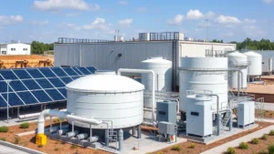 Modern gas and water utility infrastructure facility with solar panels, treated water tanks, and smart grid technology equipment integrated into landscape, professional industrial setting