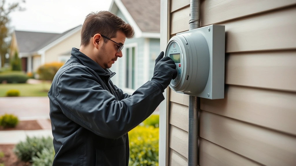 Technician installing smart meter on residential home exterior, modern utility technology, suburban neighborhood backdrop, green landscaping visible
