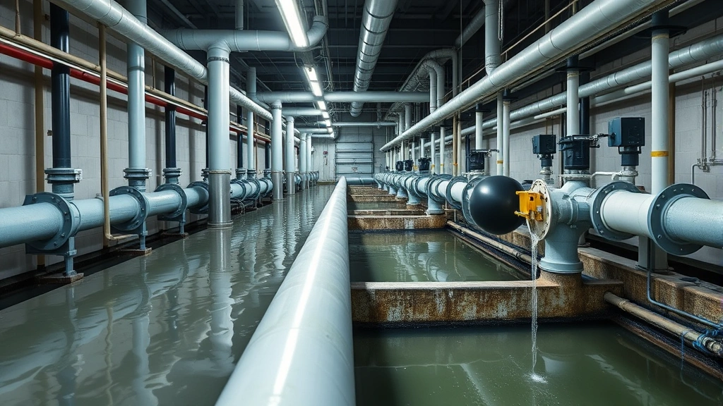 Advanced water treatment facility with efficient filtration systems, recycled water pipes, and environmental monitoring equipment, modern infrastructure design