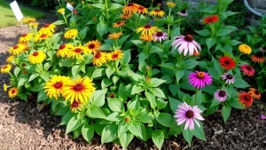 Lush native Tennessee plants including black-eyed Susans and coneflowers in a residential garden bed with mulch, morning sunlight, no text or signage visible