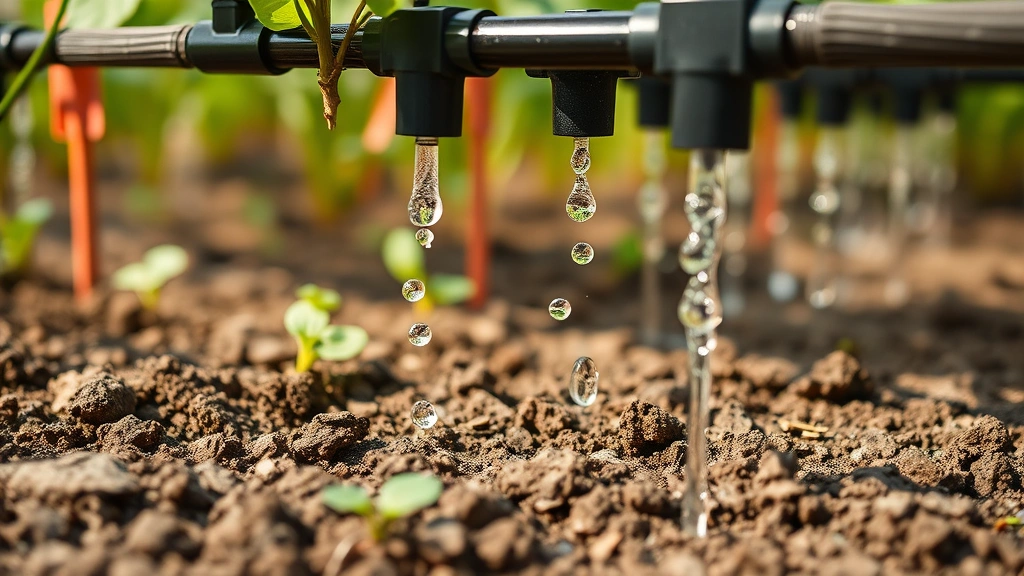 Drip irrigation system delivering water directly to plant roots in a vegetable garden, close-up detail of emitters releasing water droplets, natural daylight