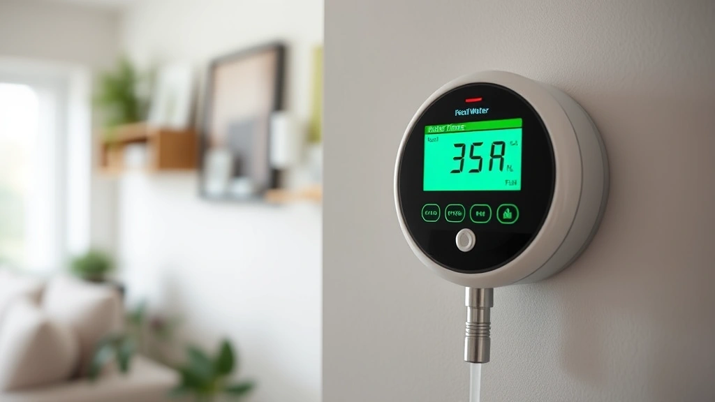 Smart water meter display showing real-time consumption data on a home interior wall, digital screen with green eco-friendly design elements, household context