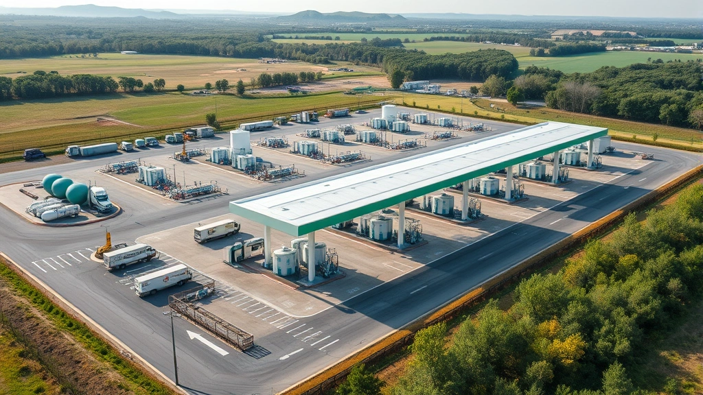 Photorealistic overhead view of extensive CNG refueling station complex with multiple pump islands, storage infrastructure, vehicles waiting to refuel, natural landscape background, clear daytime lighting, no readable signs or text visible