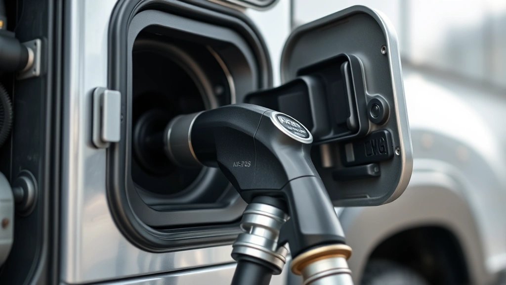 Photorealistic close-up of CNG vehicle fuel door open with pressurized connection nozzle ready to attach, metallic components, industrial precision equipment, shallow depth of field, neutral background, no product labels or text visible