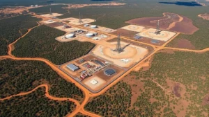 Aerial view of sprawling coal seam gas extraction facility with multiple well pads and access roads cutting through natural landscape, showing environmental footprint of industrial energy production