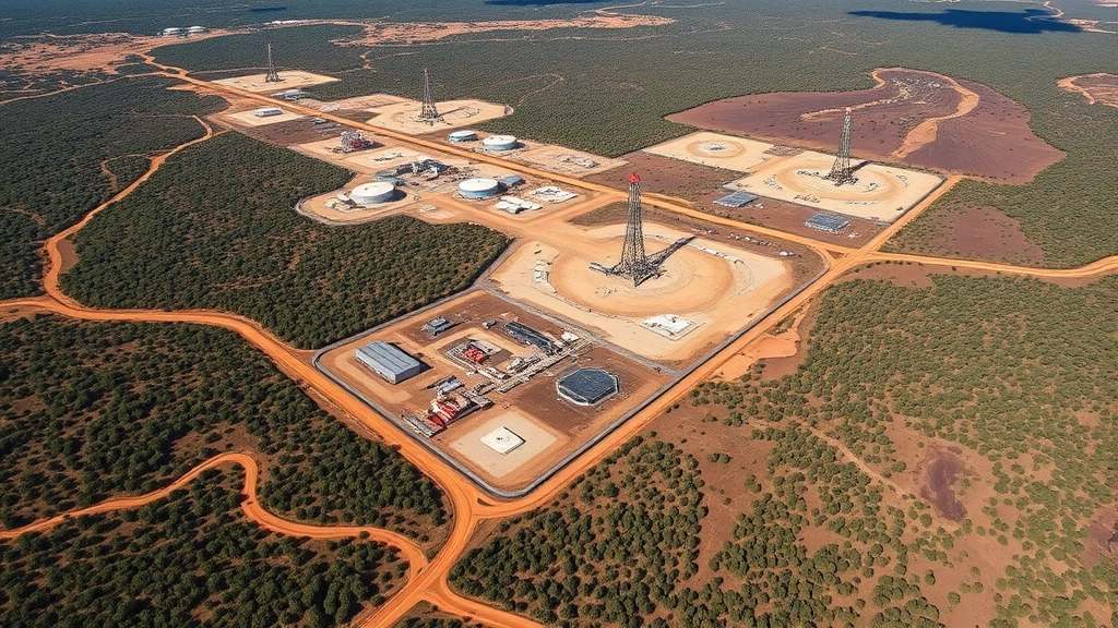 Aerial view of sprawling coal seam gas extraction facility with multiple well pads and access roads cutting through natural landscape, showing environmental footprint of industrial energy production