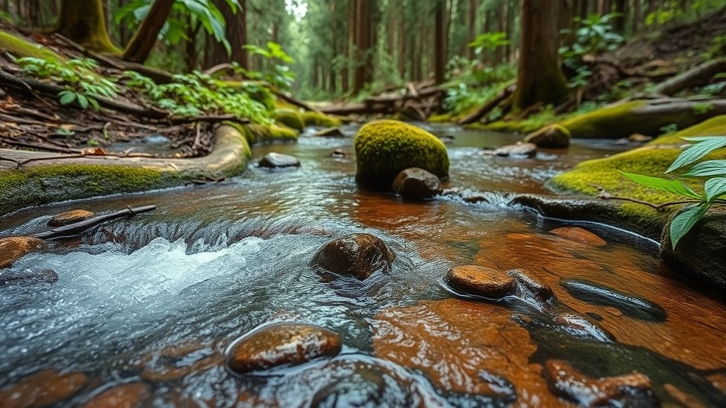 Close-up of natural water springs and creek flowing through undisturbed forest ecosystem, representing pristine groundwater resources threatened by coal seam gas operations