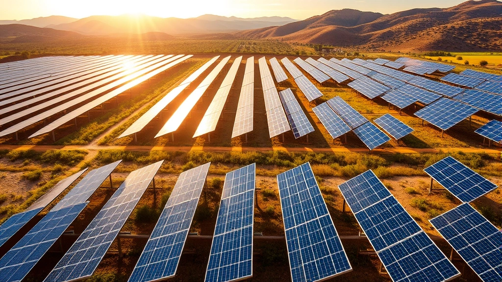 Modern solar farm with rows of photovoltaic panels in sunlit landscape, symbolizing renewable energy alternatives superior to fossil fuel extraction methods