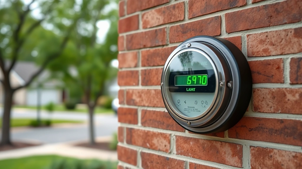 Modern natural gas meter mounted on brick residential home exterior, showing digital display with green energy efficiency indicator light glowing, suburban neighborhood background with trees