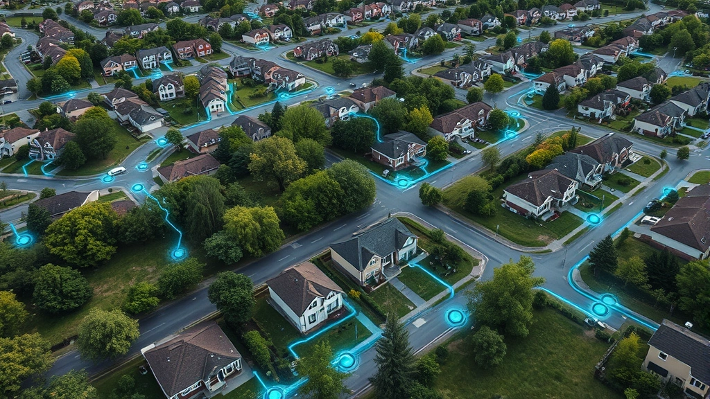 Aerial view of suburban Maryland neighborhood with houses and green spaces, showing underground gas pipeline infrastructure visualization overlay in glowing blue lines connecting homes