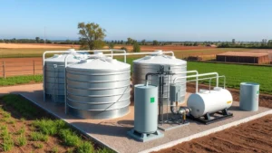 Modern renewable natural gas facility with biogas collection tanks and processing equipment in a rural agricultural setting, showing sustainable waste-to-energy conversion infrastructure