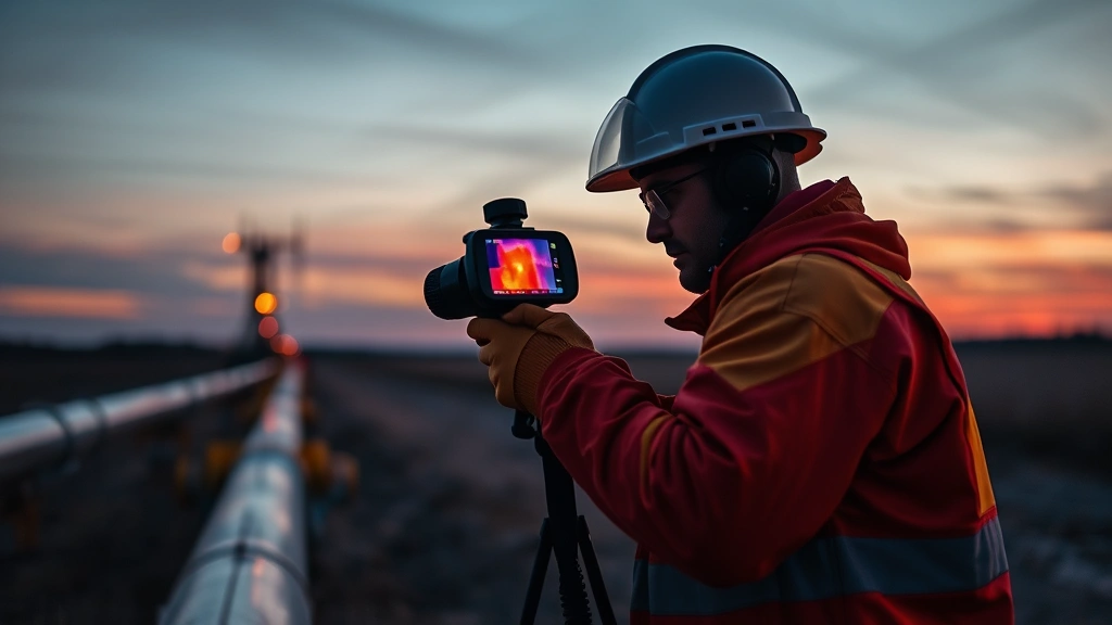Technician using thermal imaging camera to detect natural gas pipeline leaks at dusk, demonstrating advanced methane emissions detection technology in field conditions