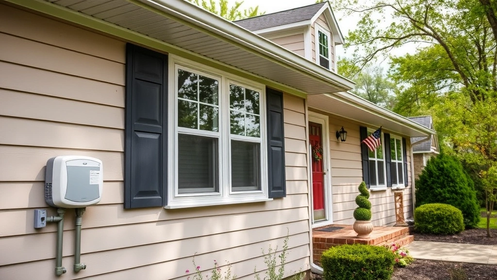 Residential home with modern energy-efficient upgrades including new insulation, weatherized windows, and smart meter installation on exterior wall in suburban Kentucky landscape