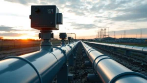 Modern natural gas pipeline infrastructure with digital monitoring equipment, showing industrial infrastructure in rural Kentucky landscape, sunset lighting, no text or labels visible