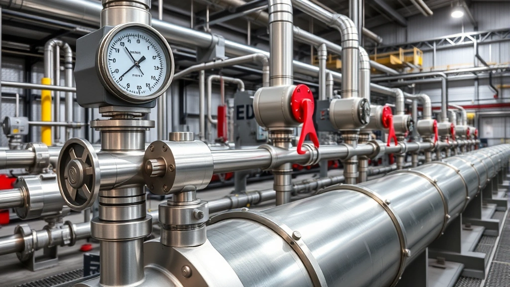 Modern natural gas pipeline infrastructure with advanced pressure regulation equipment in a Pennsylvania industrial facility, showing stainless steel components and monitoring systems, realistic professional utility setting