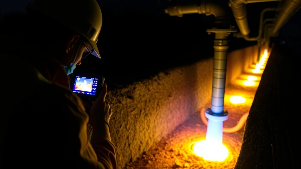 Technician using infrared thermal imaging camera to detect natural gas leaks in underground distribution system, demonstrating methane emission detection technology in field conditions
