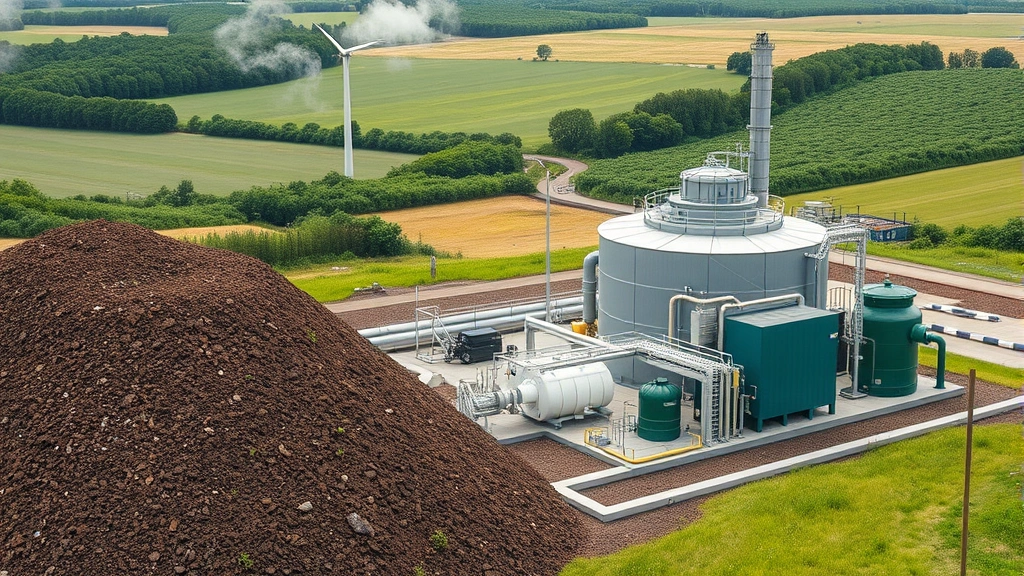 Sustainable energy transition concept showing renewable natural gas facility capturing biogas from landfill or wastewater treatment plant, with modern equipment and green landscape background