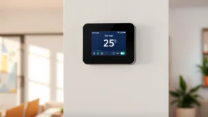 Modern programmable smart thermostat displaying temperature on home wall, sleek digital interface, residential interior setting, natural lighting from window