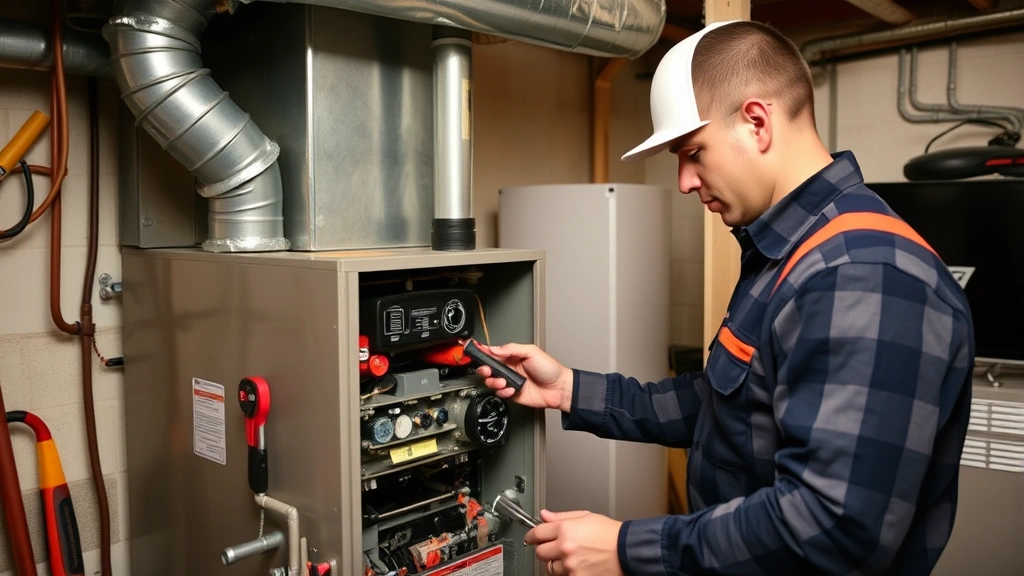 Professional HVAC technician performing furnace maintenance inspection, checking heating system components, tools and equipment visible, basement or utility room setting