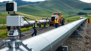Modern natural gas pipeline infrastructure with advanced monitoring equipment, workers in safety gear performing maintenance on large steel pipes in Pennsylvania landscape, industrial equipment with green rolling hills in background, professional utility operations