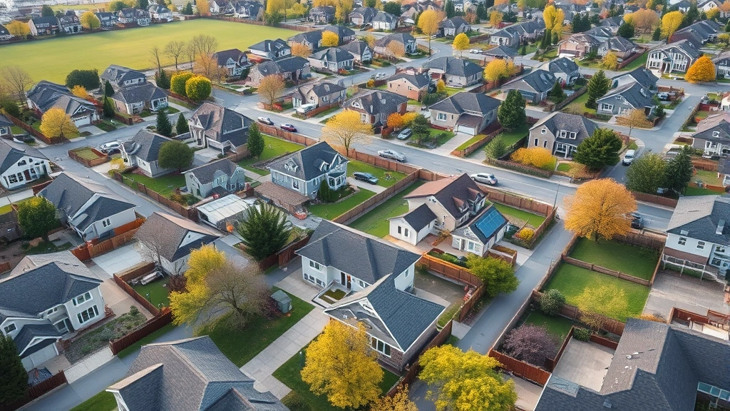Aerial view of residential neighborhood with natural gas distribution lines and modern smart meter technology visible, suburban homes with efficient heating systems, peaceful community setting showing utility service coverage area