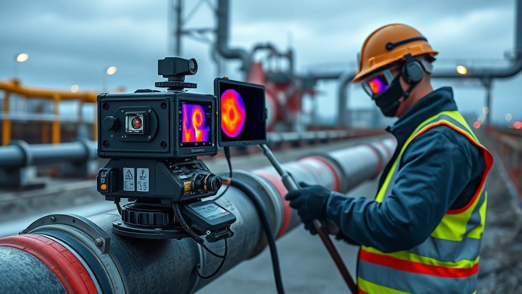Professional technician using advanced leak detection equipment on natural gas pipeline, thermal imaging camera capturing infrastructure, worker in safety equipment performing environmental monitoring, industrial sustainability practices in action