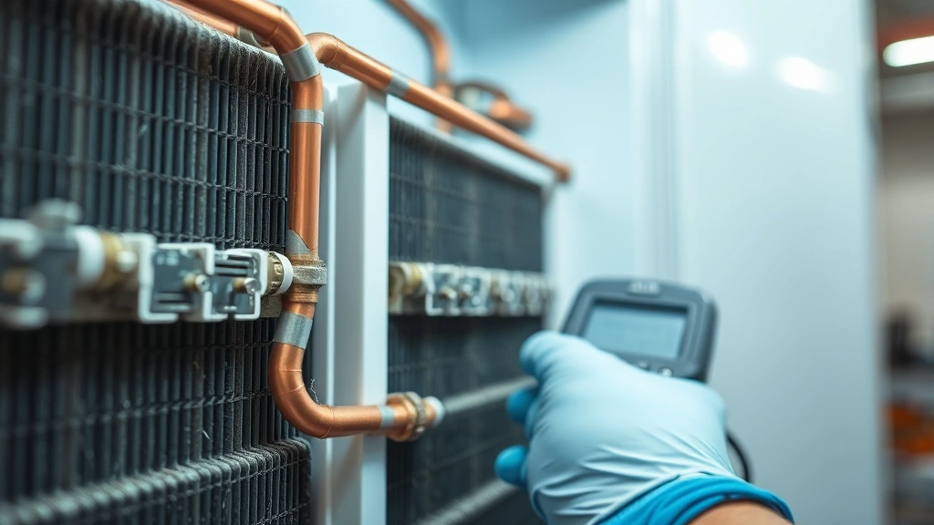 Close-up of refrigerator condenser coils showing dust accumulation and copper tubing connections, with professional technician's gloved hand holding diagnostic equipment near the coils, bright workshop lighting