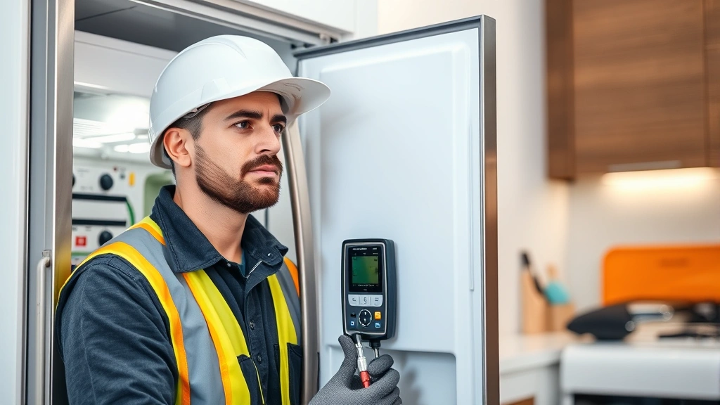 Certified HVAC technician in safety gear using electronic leak detection device on the back panel of a refrigerator in a modern kitchen, concentrated expression, professional diagnostic equipment visible