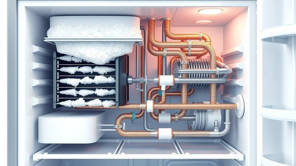 Cross-section illustration style photo showing refrigerator internal components including evaporator coils with frost buildup, condenser coils, and refrigerant tubing system in a cutaway view, clean professional presentation