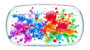 Photorealistic image of colorful gas molecules in motion inside a transparent container, showing molecular collision patterns and kinetic energy visualization with vibrant blue, red, and green particle representations against a clean white background